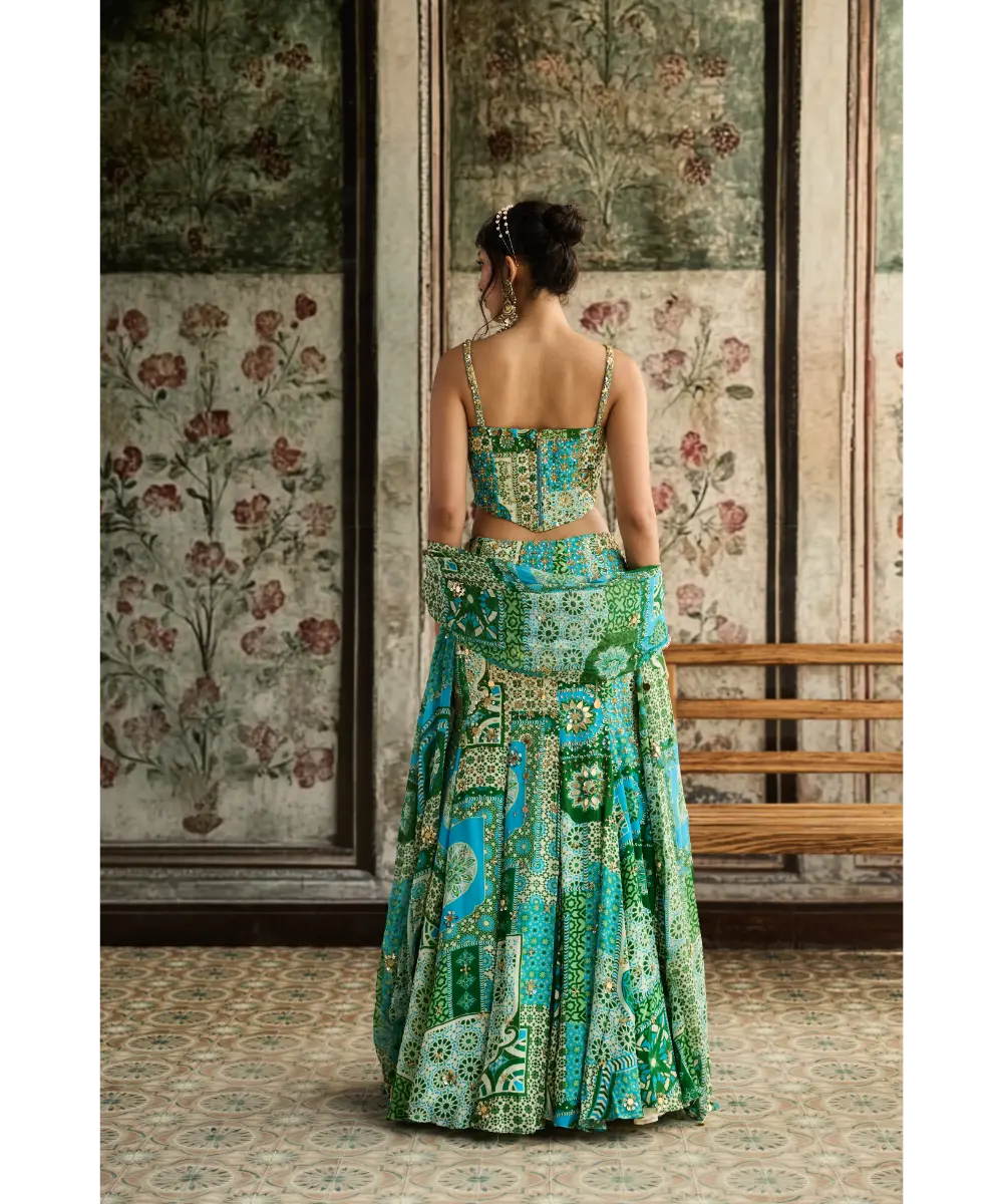 DIYARAJVVIR - Aqua Print and Highlighted Corset Mermaid Skirt Set